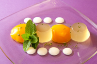 蜂蜜ゼリーとマンゴ＆パッションフルーツのゼリー　バジル＆ミントのヨーグルトソース