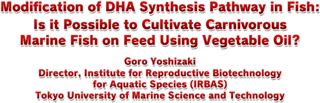 1.「Modification of DHA Synthesis Pathway in Fish: Is it Possible to Cultivate Carnivorous Marine Fish on Feed Using Vegetable Oil?」Goro Yoshizaki Director, Institute for Reproductive Biotechnology for Aquatic Species (IRBAS) Tokyo University of Marine Science and Technology