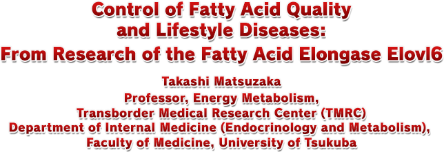 1.「Control of Fatty Acid Quality and Lifestyle Diseases:From Research of the Fatty Acid Elongase Elovl6」Takashi Matsuzaka Professor, Energy Metabolism, Transborder Medical Research Center (TMRC) Department of Internal Medicine (Endocrinology and Metabolism), Faculty of Medicine, University of Tsukuba