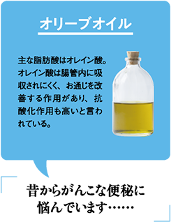 オリーブオイル　主な脂肪酸はオレイン酸。オレイン酸は腸管内に吸収されにくく、お通じを改善する作用があり、抗酸化作用も高いと言われている。昔からがんこな便秘に悩んでいます……