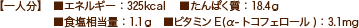【一人分】■エネルギー：325kcal 　■たんぱく質：18.4ｇ　■食塩相当量：1.1ｇ　■ビタミンE(α-トコフェロール)：3.1mg