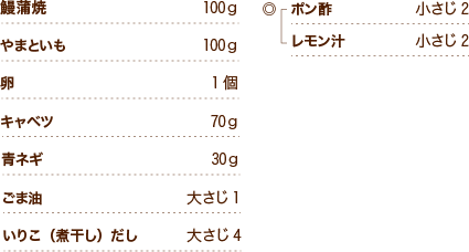 鰻蒲焼100ｇ やまといも100ｇ 卵1個 キャベツ70ｇ 青ネギ30ｇ ごま油大さじ1 いりこ（煮干し）だし大さじ4 ◎ポン酢小さじ2 レモン汁小さじ2