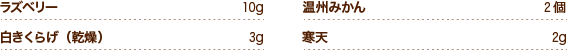 ラズベリー10g 白きくらげ（乾燥）3g 温州みかん2個 寒天2g