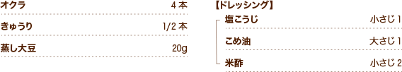 オクラ4本 きゅうり1/2本 蒸し大豆20g 【ドレッシング】塩こうじ小さじ1 こめ油大さじ1 米酢小さじ2