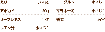 えび小4尾 アボカド50g リーフレタス1枚 レモン汁小さじ1 ヨーグルト小さじ1 マヨネーズ小さじ1 香菜適宜