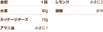 金柑4個 水菜40g カッテージチーズ15g アマニ油小さじ1 レモン汁小さじ2 胡椒少々